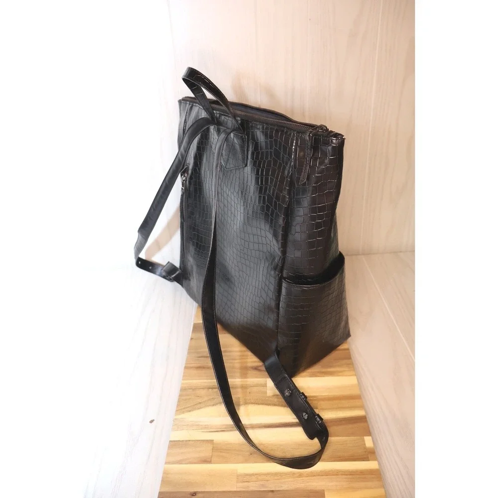 Freshly Picked Classic Diaper Backpack Black Croc Embossed Vegan Leather
